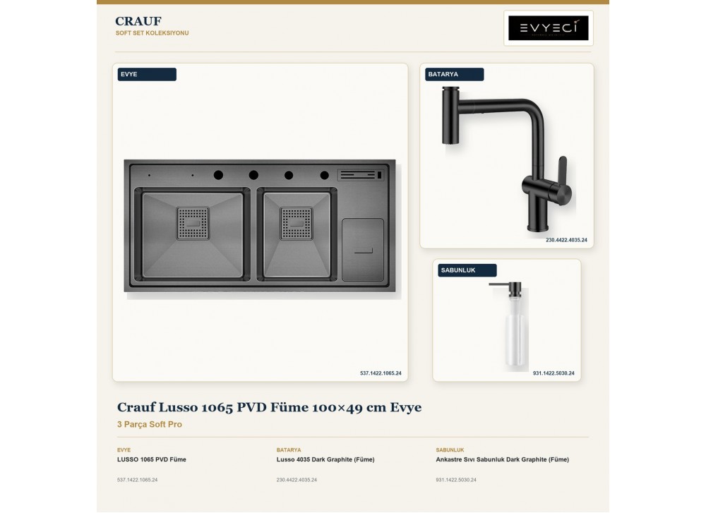 Crauf Lusso 1065 PVD Füme 100×49 cm Evye + Lusso 4035 Batarya + Aynı Renk Sabunluk | 3 Parça Soft Pro