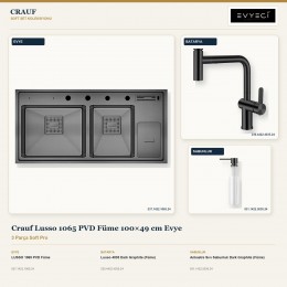 Crauf Lusso 1065 PVD Füme 100×49 cm Evye + Lusso 4035 Batarya + Aynı Renk Sabunluk | 3 Parça Soft Pro