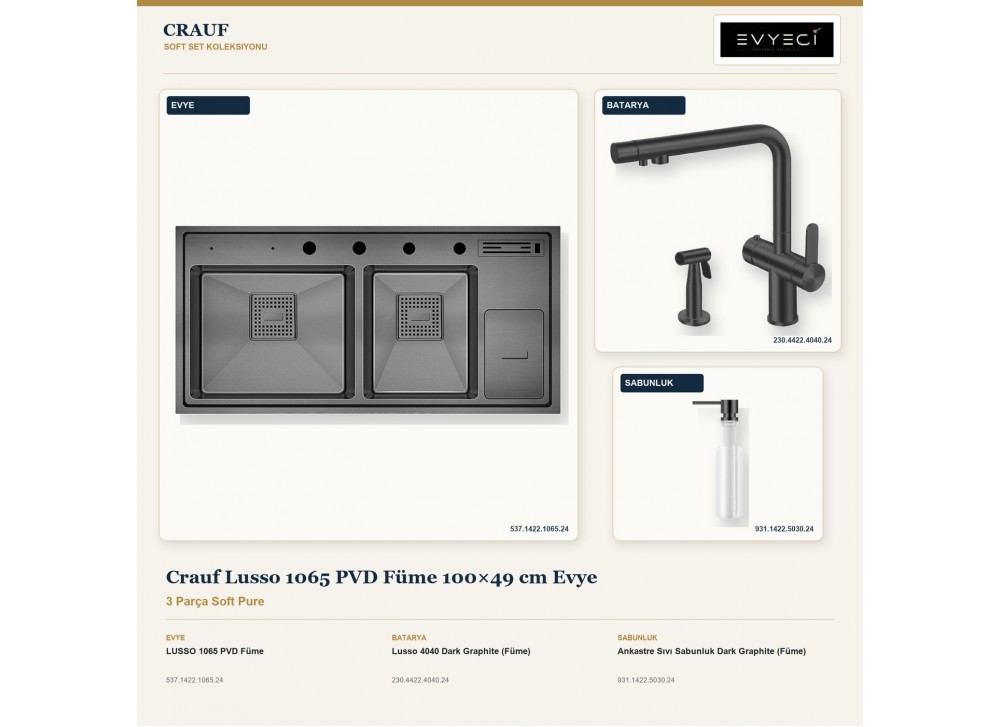 Crauf Lusso 1065 PVD Füme 100×49 cm Evye + Lusso 4040 Batarya + Aynı Renk Sabunluk | 3 Parça Soft Pure