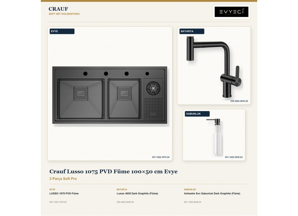 Crauf Lusso 1075 PVD Füme 100×50 cm Evye + Lusso 4035 Batarya + Aynı Renk Sabunluk | 3 Parça Soft Pro
