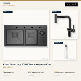 Crauf Lusso 1075 PVD Füme 100×50 cm Evye + Lusso 4035 Batarya + Aynı Renk Sabunluk | 3 Parça Soft Pro