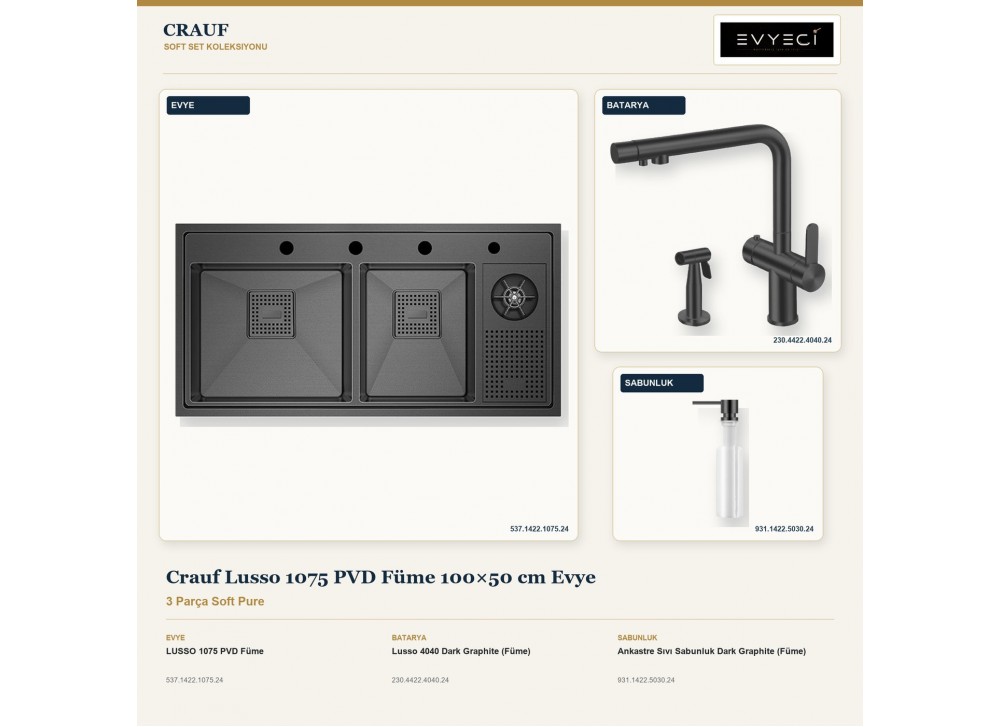 Crauf Lusso 1075 PVD Füme 100×50 cm Evye + Lusso 4040 Batarya + Aynı Renk Sabunluk | 3 Parça Soft Pure Crauf Lusso 1075 PVD Füme 100×50 cm Evye + Lusso 4040 Batarya + Aynı Renk Sabunluk | 3 Parça Soft Pure