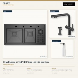 Crauf Lusso 1075 PVD Füme 100×50 cm Evye + Lusso 4040 Batarya + Aynı Renk Sabunluk | 3 Parça Soft Pure