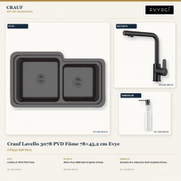Crauf Lavello 3078 PVD Füme 78×45,2 cm Evye + Attivo Pure 4065 Batarya + Aynı Renk Sabunluk | 3 Parça Soft Pure