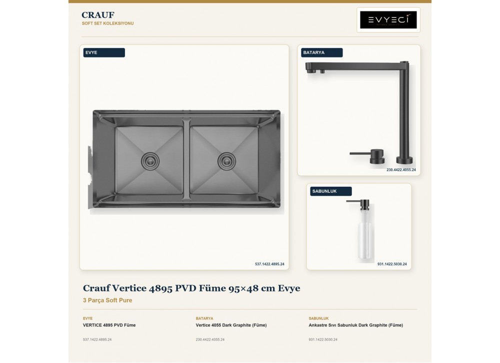Crauf Vertice 4895 PVD Füme 95×48 cm Evye + Vertice 4055 Batarya + Aynı Renk Sabunluk | 3 Parça Soft Pure