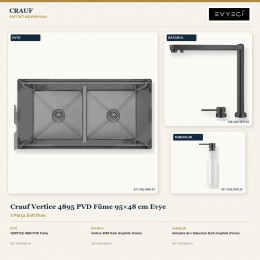 Crauf Vertice 4895 PVD Füme 95×48 cm Evye + Vertice 4055 Batarya + Aynı Renk Sabunluk | 3 Parça Soft Pure