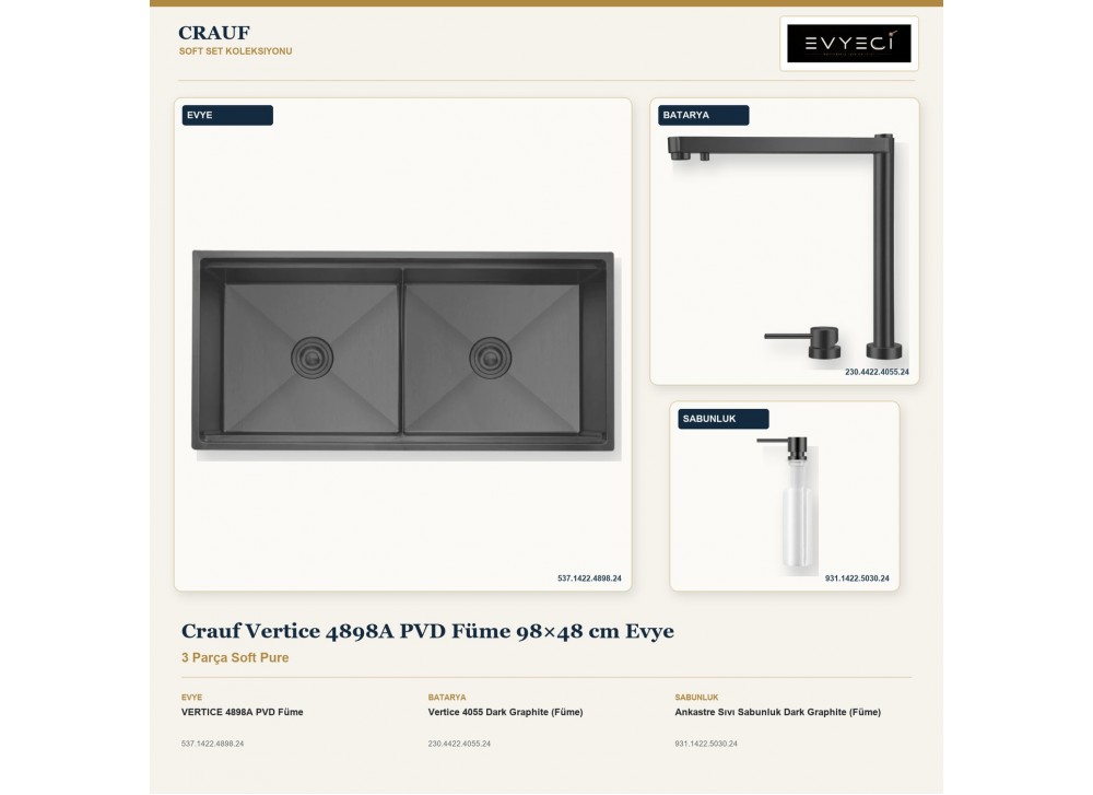 Crauf Vertice 4898A PVD Füme 98×48 cm Evye + Vertice 4055 Batarya + Aynı Renk Sabunluk | 3 Parça Soft Pure Crauf Vertice 4898A PVD Füme 98×48 cm Evye + Vertice 4055 Batarya + Aynı Renk Sabunluk | 3 Parça Soft Pure