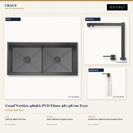 Crauf Vertice 4898A PVD Füme 98×48 cm Evye + Vertice 4055 Batarya + Aynı Renk Sabunluk | 3 Parça Soft Pure