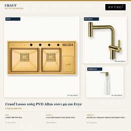 Crauf Lusso 1065 PVD Altın 100×49 cm Evye + Lusso 4035 Batarya + Aynı Renk Sabunluk | 3 Parça Soft Pro