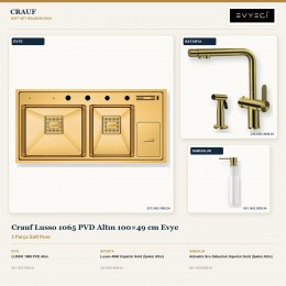 Crauf Lusso 1065 PVD Altın 100×49 cm Evye + Lusso 4040 Batarya + Aynı Renk Sabunluk | 3 Parça Soft Pure
