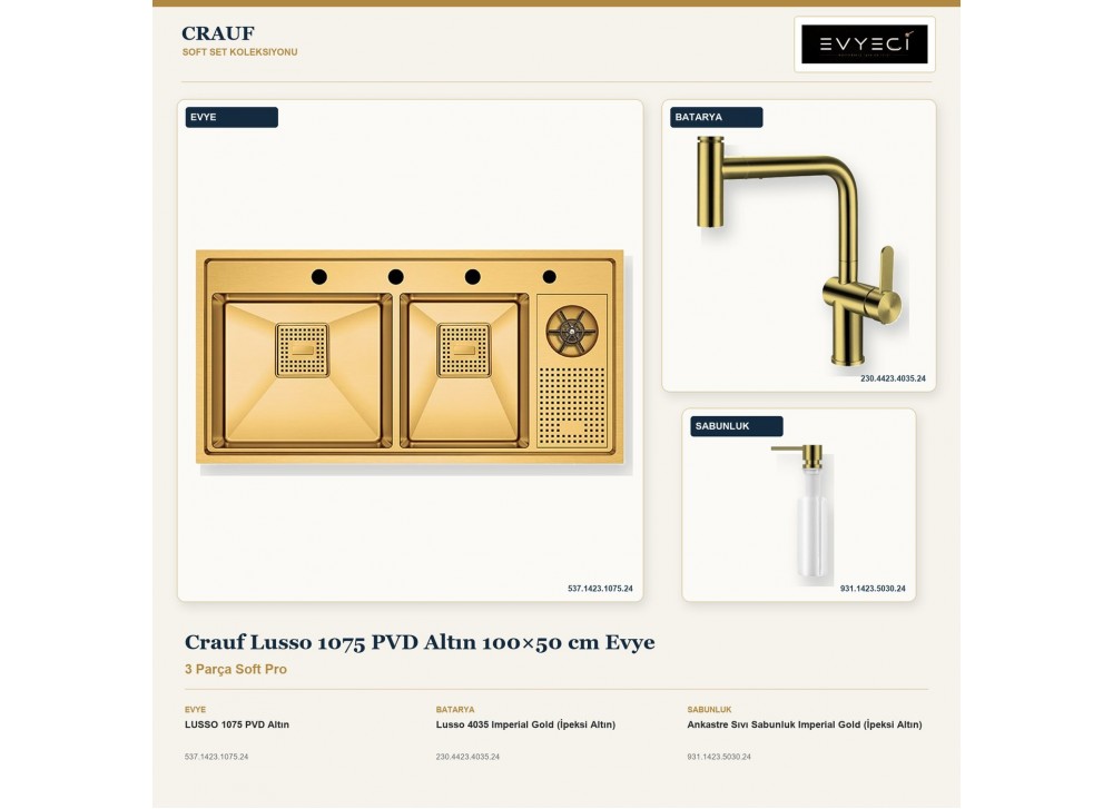 Crauf Lusso 1075 PVD Altın 100×50 cm Evye + Lusso 4035 Batarya + Aynı Renk Sabunluk | 3 Parça Soft Pro Crauf Lusso 1075 PVD Altın 100×50 cm Evye + Lusso 4035 Batarya + Aynı Renk Sabunluk | 3 Parça Soft Pro