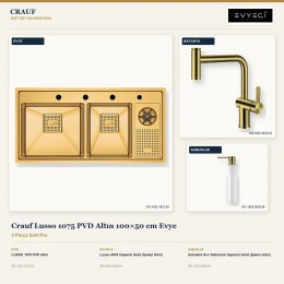 Crauf Lusso 1075 PVD Altın 100×50 cm Evye + Lusso 4035 Batarya + Aynı Renk Sabunluk | 3 Parça Soft Pro