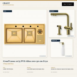Crauf Lusso 1075 PVD Altın 100×50 cm Evye + Lusso 4040 Batarya + Aynı Renk Sabunluk | 3 Parça Soft Pure