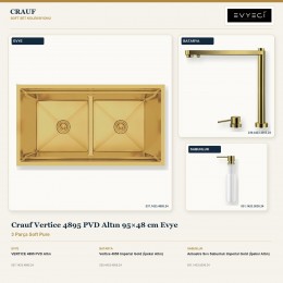Crauf Vertice 4895 PVD Altın 95×48 cm Evye + Vertice 4055 Batarya + Aynı Renk Sabunluk | 3 Parça Soft Pure