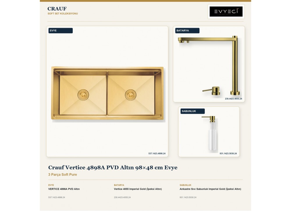 Crauf Vertice 4898A PVD Altın 98×48 cm Evye + Vertice 4055 Batarya + Aynı Renk Sabunluk | 3 Parça Soft Pure Crauf Vertice 4898A PVD Altın 98×48 cm Evye + Vertice 4055 Batarya + Aynı Renk Sabunluk | 3 Parça Soft Pure
