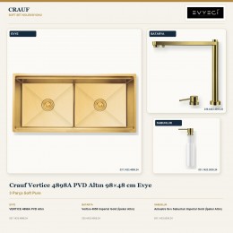 Crauf Vertice 4898A PVD Altın 98×48 cm Evye + Vertice 4055 Batarya + Aynı Renk Sabunluk | 3 Parça Soft Pure