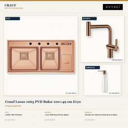 Crauf Lusso 1065 PVD Bakır 100×49 cm Evye + Lusso 4035 Batarya + Aynı Renk Sabunluk | 3 Parça Soft Pro