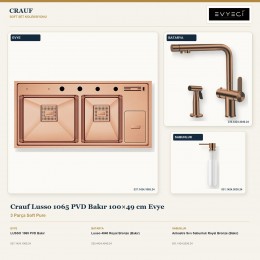 Crauf Lusso 1065 PVD Bakır 100×49 cm Evye + Lusso 4040 Batarya + Aynı Renk Sabunluk | 3 Parça Soft Pure