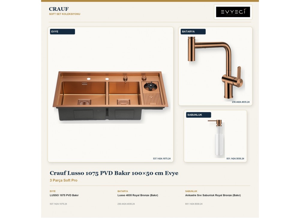 Crauf Lusso 1075 PVD Bakır 100×50 cm Evye + Lusso 4035 Batarya + Aynı Renk Sabunluk | 3 Parça Soft Pro Crauf Lusso 1075 PVD Bakır 100×50 cm Evye + Lusso 4035 Batarya + Aynı Renk Sabunluk | 3 Parça Soft Pro