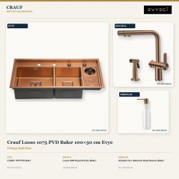 Crauf Lusso 1075 PVD Bakır 100×50 cm Evye + Lusso 4040 Batarya + Aynı Renk Sabunluk | 3 Parça Soft Pure