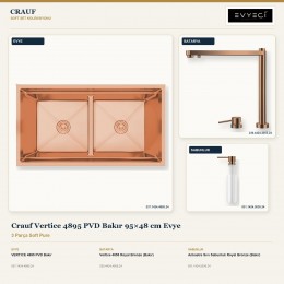 Crauf Vertice 4895 PVD Bakır 95×48 cm Evye + Vertice 4055 Batarya + Aynı Renk Sabunluk | 3 Parça Soft Pure