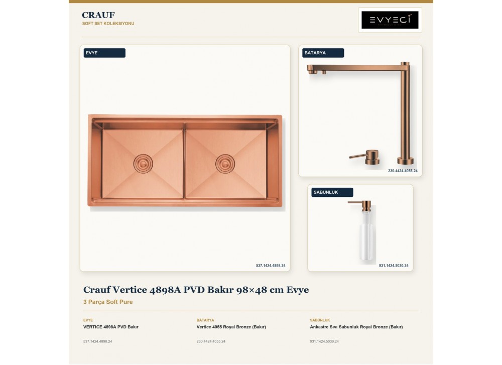 Crauf Vertice 4898A PVD Bakır 98×48 cm Evye + Vertice 4055 Batarya + Aynı Renk Sabunluk | 3 Parça Soft Pure Crauf Vertice 4898A PVD Bakır 98×48 cm Evye + Vertice 4055 Batarya + Aynı Renk Sabunluk | 3 Parça Soft Pure
