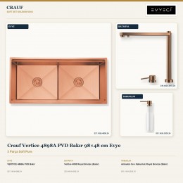 Crauf Vertice 4898A PVD Bakır 98×48 cm Evye + Vertice 4055 Batarya + Aynı Renk Sabunluk | 3 Parça Soft Pure