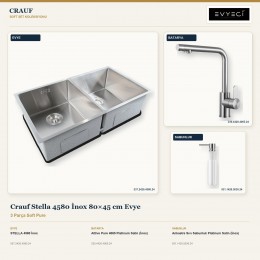 Crauf Stella 4580 İnox 80×45 cm Evye + Attivo Pure 4065 Batarya + Aynı Renk Sabunluk | 3 Parça Soft Pure