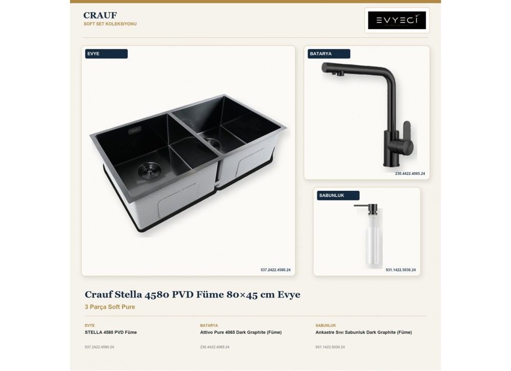 Crauf Stella 4580 PVD Füme 80×45 cm Evye + Attivo Pure 4065 Batarya + Aynı Renk Sabunluk | 3 Parça Soft Pure Crauf Stella 4580 PVD Füme 80×45 cm Evye + Attivo Pure 4065 Batarya + Aynı Renk Sabunluk | 3 Parça Soft Pure