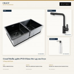Crauf Stella 4580 PVD Füme 80×45 cm Evye + Attivo Pure 4065 Batarya + Aynı Renk Sabunluk | 3 Parça Soft Pure