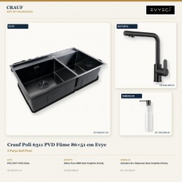 Crauf Poli 6311 PVD Füme 86×51 cm Evye + Attivo Pure 4065 Batarya + Aynı Renk Sabunluk | 3 Parça Soft Pure