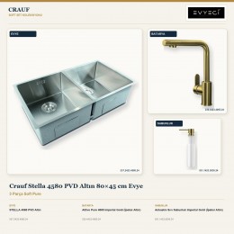 Crauf Stella 4580 PVD Altın 80×45 cm Evye + Attivo Pure 4065 Batarya + Aynı Renk Sabunluk | 3 Parça Soft Pure