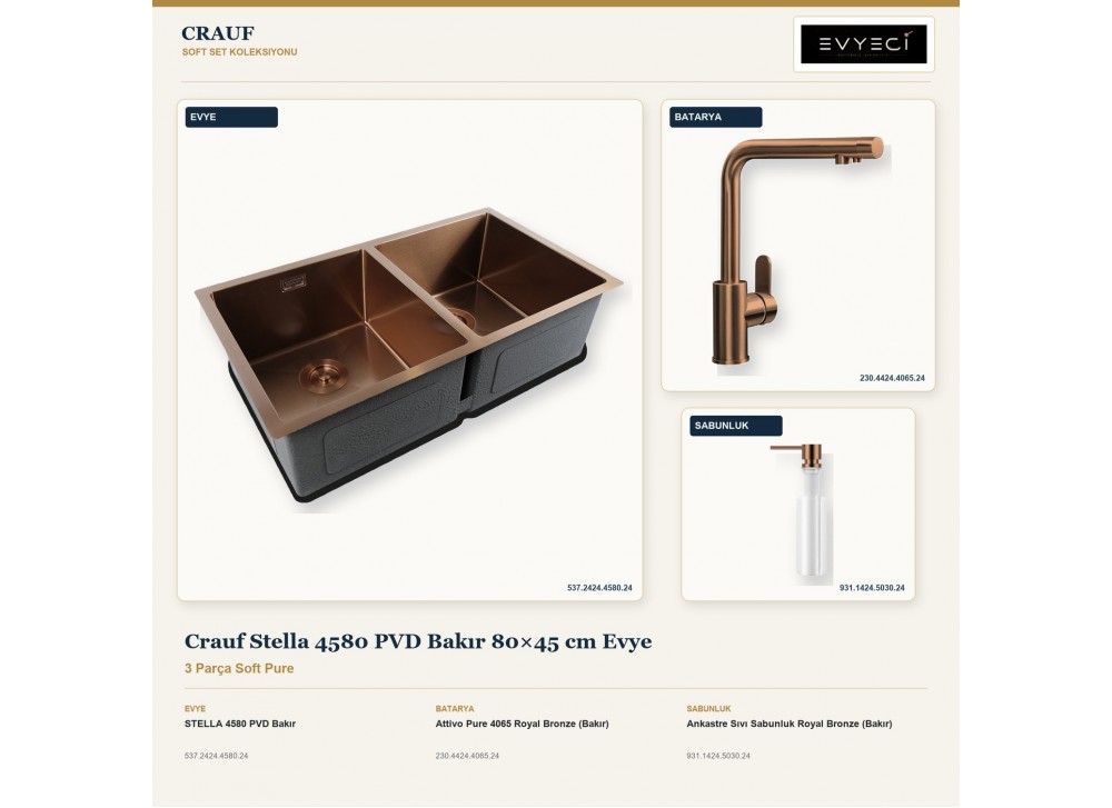 Crauf Stella 4580 PVD Bakır 80×45 cm Evye + Attivo Pure 4065 Batarya + Aynı Renk Sabunluk | 3 Parça Soft Pure Crauf Stella 4580 PVD Bakır 80×45 cm Evye + Attivo Pure 4065 Batarya + Aynı Renk Sabunluk | 3 Parça Soft Pure