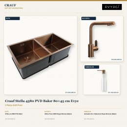 Crauf Stella 4580 PVD Bakır 80×45 cm Evye + Attivo Pure 4065 Batarya + Aynı Renk Sabunluk | 3 Parça Soft Pure