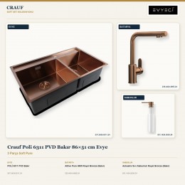 Crauf Poli 6311 PVD Bakır 86×51 cm Evye + Attivo Pure 4065 Batarya + Aynı Renk Sabunluk | 3 Parça Soft Pure