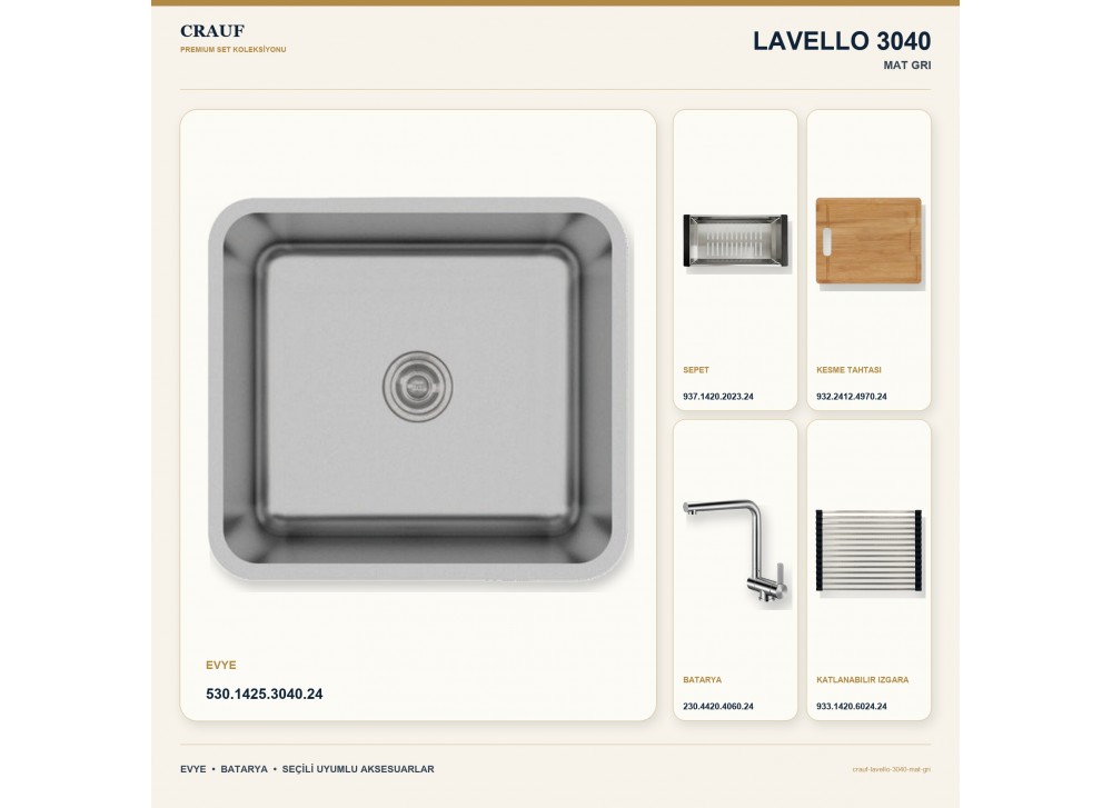 Crauf Lavello 3040 Mat Gri 45×40 cm Evye + Pesce 4060 Çelik Batarya 5 Parça Set Crauf Lavello 3040 Mat Gri 45×40 cm Evye + Pesce 4060 Çelik Batarya 5 Parça Set