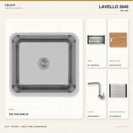 Crauf Lavello 3040 Mat Gri 45×40 cm Evye + Pesce 4060 Çelik Batarya 5 Parça Set