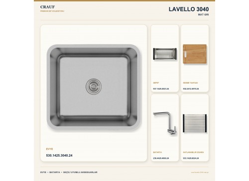 Crauf Lavello 3040 Mat Gri 45×40 cm Evye + Pesce 4060 Çelik Batarya 5 Parça Set