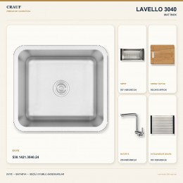 Crauf Lavello 3040 Mat İnox 45×40 cm Evye + Pesce 4060 Çelik Batarya 5 Parça Premium Set