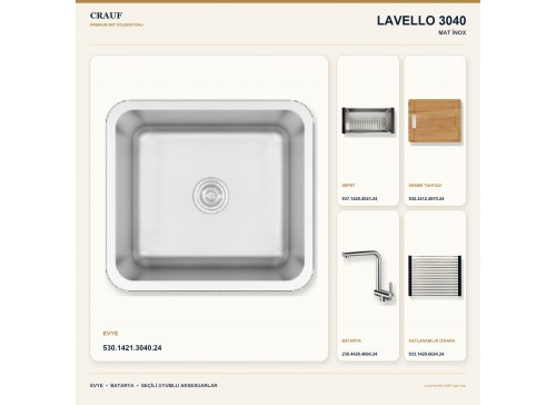 Crauf Lavello 3040 Mat İnox 45×40 cm Evye + Pesce 4060 Çelik Batarya 5 Parça Premium Set