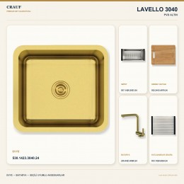 Crauf Lavello 3040 PVD Altın 45×40 cm Evye + Pesce 4060 PVD Altın Batarya 5 Parça Premium Set