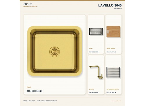 Crauf Lavello 3040 PVD Altın 45×40 cm Evye + Pesce 4060 PVD Altın Batarya 5 Parça Premium Set