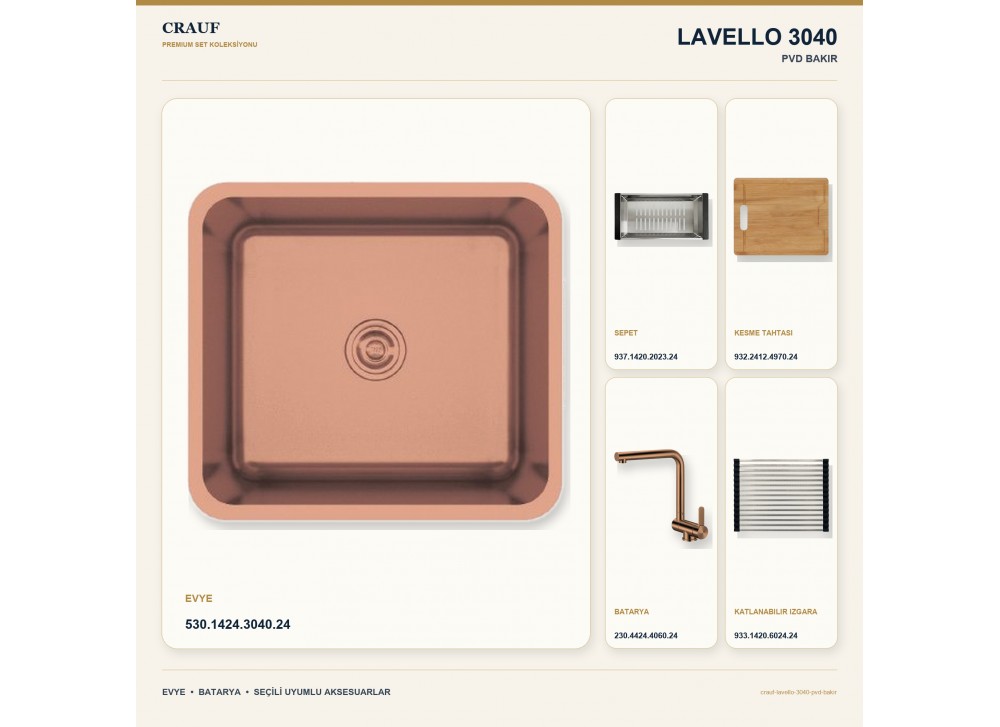 Crauf Lavello 3040 PVD Bakır 45×40 cm Evye + Pesce 4060 PVD Bakır Batarya 5 Parça Premium Set Crauf Lavello 3040 PVD Bakır 45×40 cm Evye + Pesce 4060 PVD Bakır Batarya 5 Parça Premium Set