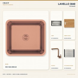 Crauf Lavello 3040 PVD Bakır 45×40 cm Evye + Pesce 4060 PVD Bakır Batarya 5 Parça Premium Set