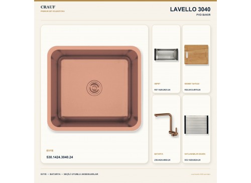 Crauf Lavello 3040 PVD Bakır 45×40 cm Evye + Pesce 4060 PVD Bakır Batarya 5 Parça Premium Set