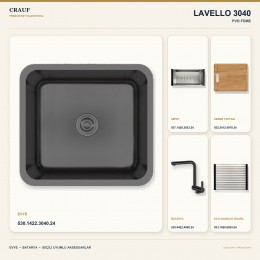 Crauf Lavello 3040 PVD Füme 45×40 cm Evye + Pesce 4060 PVD Füme Batarya 5 Parça Premium Set