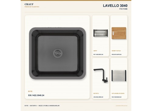 Crauf Lavello 3040 PVD Füme 45×40 cm Evye + Pesce 4060 PVD Füme Batarya 5 Parça Premium Set