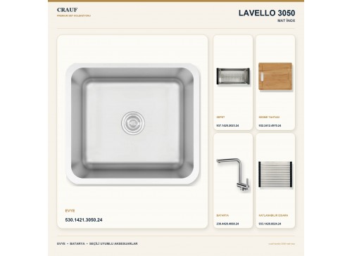 Crauf Lavello 3050 Mat İnox 49×44 cm Evye + Pesce 4060 Çelik Batarya 5 Parça Premium Set