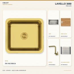 Crauf Lavello 3050 PVD Altın 49×44 cm Evye + Pesce 4060 PVD Altın Batarya 5 Parça Premium Set