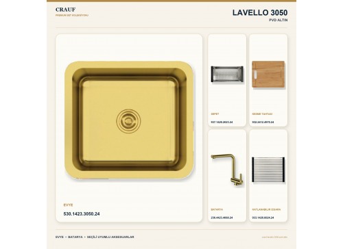 Crauf Lavello 3050 PVD Altın 49×44 cm Evye + Pesce 4060 PVD Altın Batarya 5 Parça Premium Set